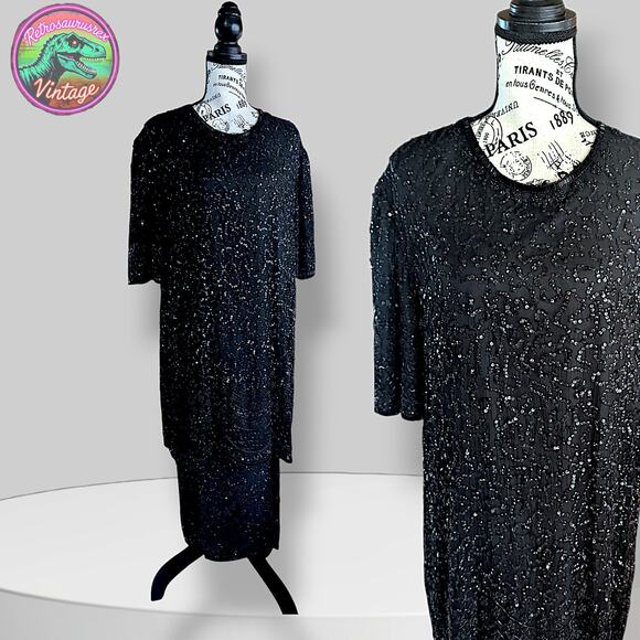 Vintage Bombshell Glam Silky Nites Beaded Sequin Black Gown, 2X Plus - Picture 1 of 10